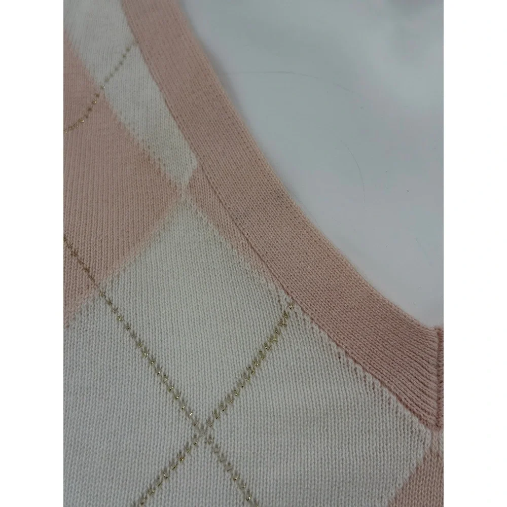 Tommy Hilfiger Sweater Womens Large Pink Peach Argyle V-Neck Tennis Prep Pastel - Picture 3 of 11